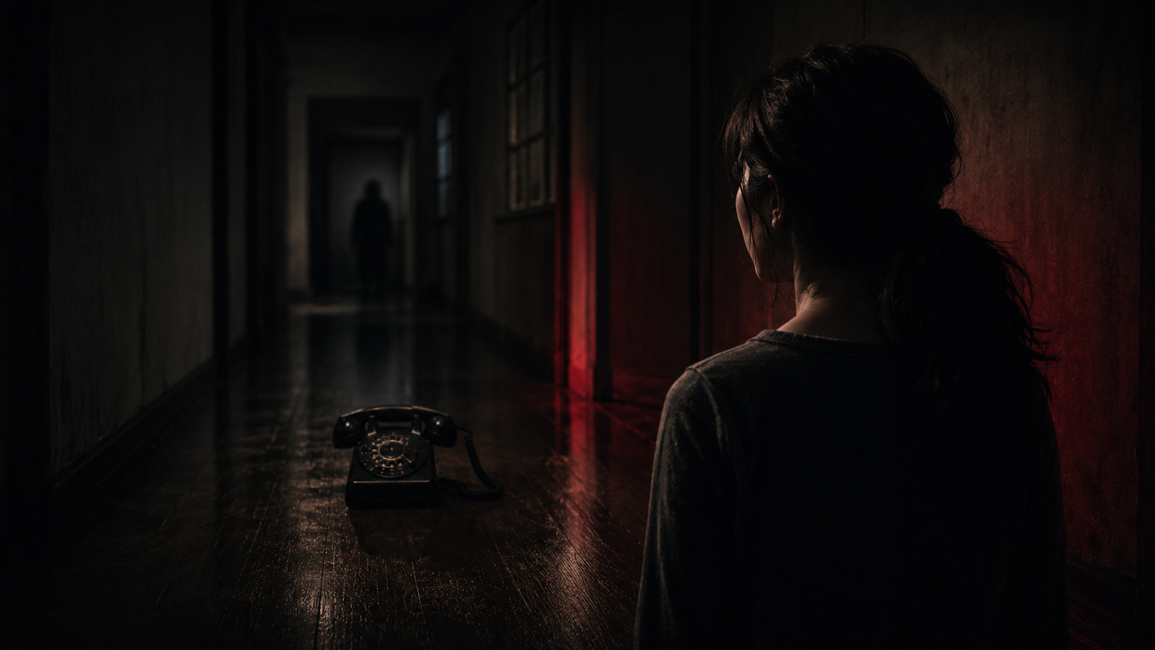 暗い廊下で黒電話と影に怯える女性